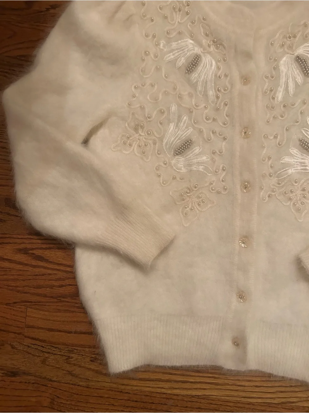 Women’s Soft Cream Beaded Angora Blend Retro Inspired Grandmacore Cardigan